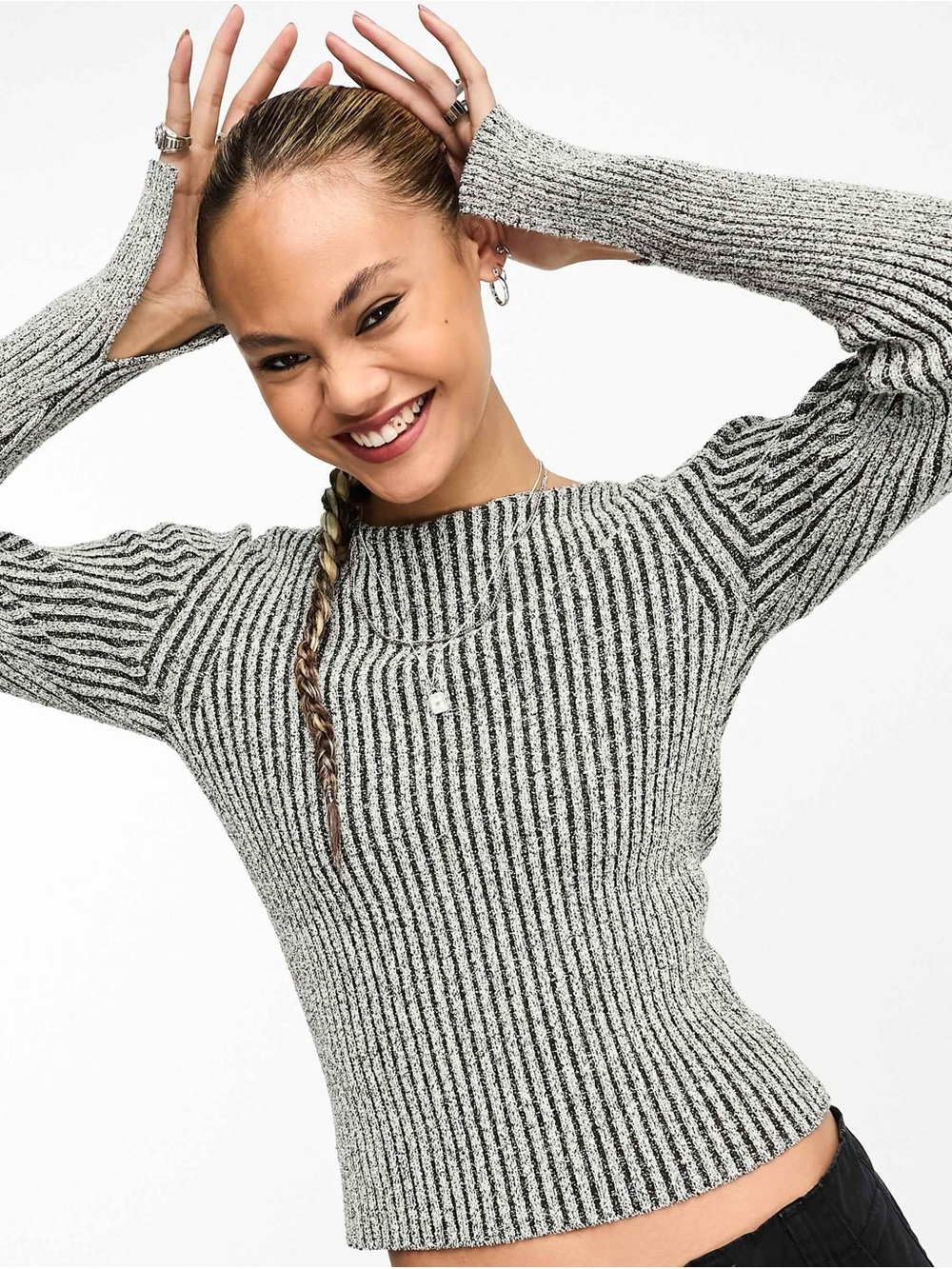 Weekday Lex Boatneck Long Sleeve Grey Top Size XS
